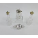 Epns and glass three piece condiment bottle set together with an Epns strainer (4)