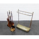 Brass stick stand and copper fireside companion set, 62cm