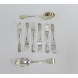 A collection of silver Fiddle pattern flatware to include two Georgian table spoons and six