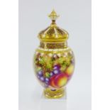 Royal Worcester fruit study pot pourri jar with pierced and gilded crown shaped cover complete