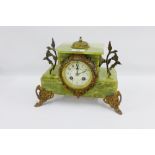 Victorian green hardstone and gilt metal mounted mantle clock, the enamel dial with floral