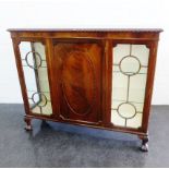 Mahogany cabinet with central cupboard door flanked by glazed doors, on cabriole feet, 118 x 138cm