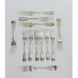 A set of silver fiddle pattern forks to include six table forks and six smaller, James Deakin &