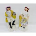 Pair of Staffordshire Male and Female flat back figures, 34cm high, (2)