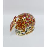 Royal Crown Derby Imari Armadillo paperweight, with silver stopper, printed backstamps and date code