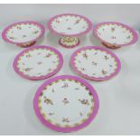 English porcelain floral pattern dessert service with pink border and gilt edge rims comprising a