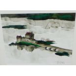 Contemporary School 'Castle, Bridge and River Scene' Watercolour, signed indistinctly, in a glazed