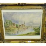 S. Edmonston 'Landscape with Riverside Town' Watercolour, signed, glazed in a giltwood frame, 46 x