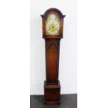 Oak Grandmother clock with brass dial and silvered chapter ring, 164 x 42cm