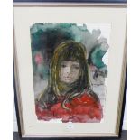 20th Century School Head and Shoulders portrait of a Girl, Watercolour, signed indistinctly,