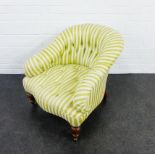 Striped upholstered button back chair on mahogany supports with brass caps and castors, 70 x 70cm