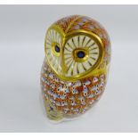 Royal Crown Derby Imari porcelain Owl paperweight, with silver stopper, printed backstamps and