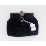 Silver and marcasite mounted Art Deco evening bag with black hardstone cabouchon clasp, stamped 925,