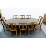 Mahogany dining table with and set of eight chairs, 75 x 215cm, (9)