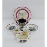 Collection of Sunderland lustre ware to include 'Success to the Fleece' plate, to back printed