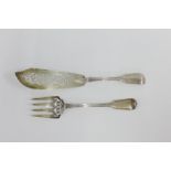 Victorian silver fiddle and thread pattern fish serving knife and fork, makers mark for George