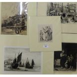 Four unframed etchings to include Orange Wharf, London, M.W. Ridley, (5)