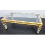 White painted giltwood coffee table with glass top, 44 x 125cm