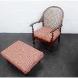 Cane back open armchair with matching upholstered footstool, 83 x 56cm (2)
