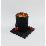 Black Forrest type ashtray in the form of a tree stump with a red fox, 12cm high