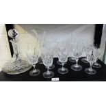Ships decanter and stopper, water jug and a collection of ten wine glasses (12)