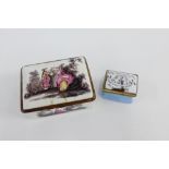 18th century enamel box, the hinged lid opening to reveal a painted panel of a female, together with
