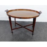 Mahogany oval butler tray on stand (stand restored), 52 x 78cm