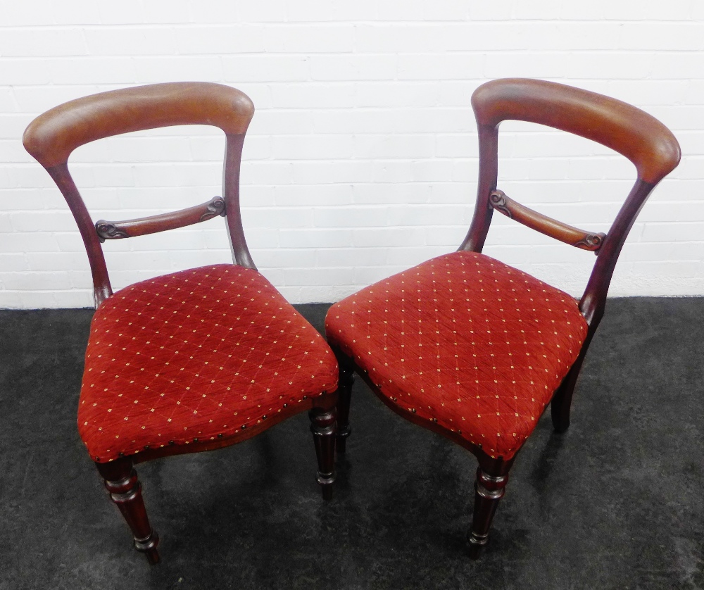 Pair of mahogany balloon back chairs with upholstered stuff over seats, 90 x 50cm, (2)