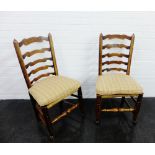Pair of elm Lancashire style ladder back chairs, with rush seats and loose cushions, 100 x 50 (2)