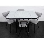 Retro Formica topped kitchen table and set of four vinyl upholstered chairs on hairpin legs, (5)