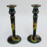 Pair of Cloisonne Dragon patterned candlesticks, (a/f), 22cm high, (2)