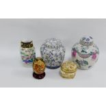 Collection of ginger jar and covers, together with a vase and painted pottery egg, (5)