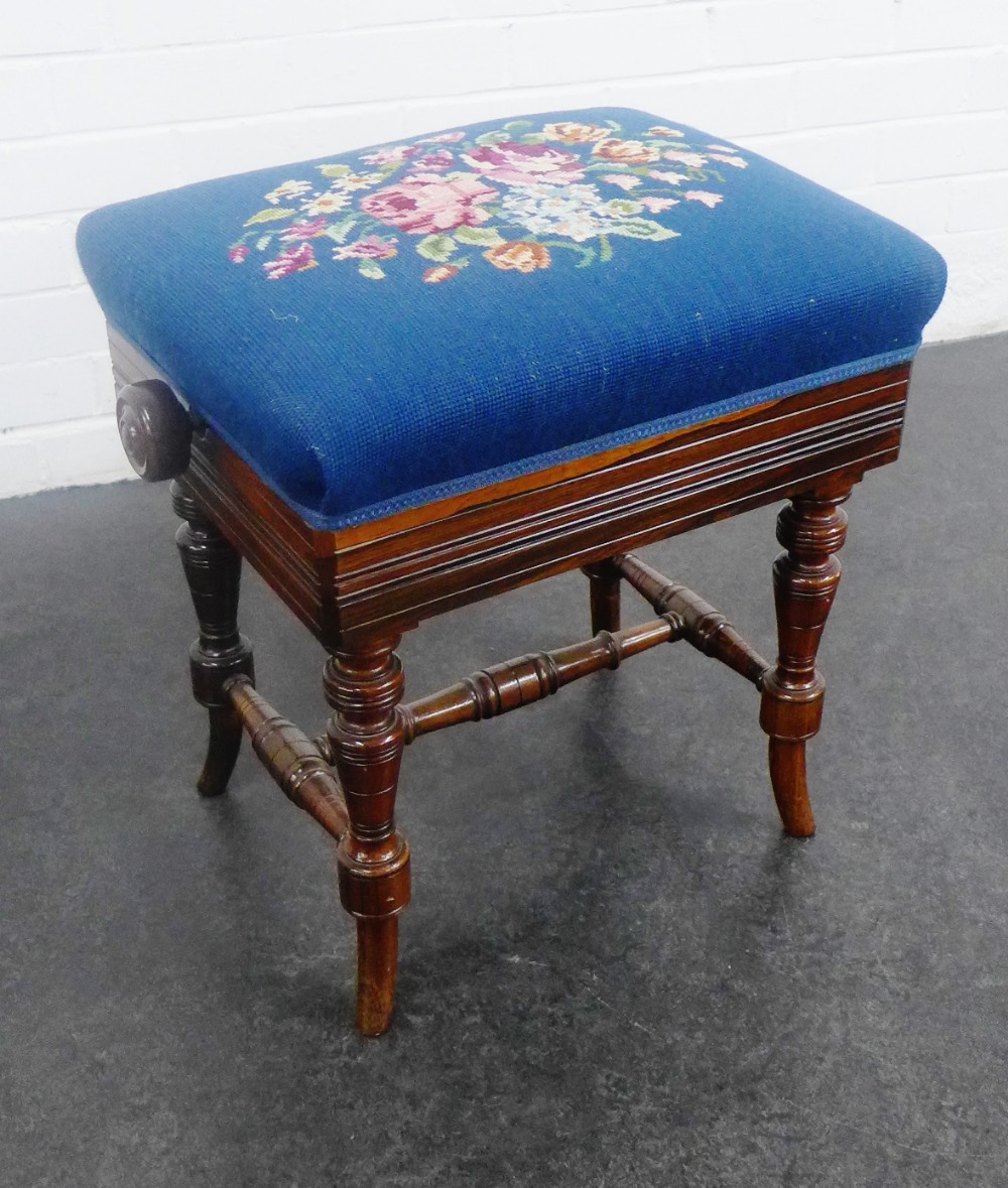 Mahogany adjustable piano stool with blue upholstered top, 50 x 44cm ++