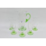 Etched glass lemonade set comprising jug and five beakers each with pale green footrim, (6)