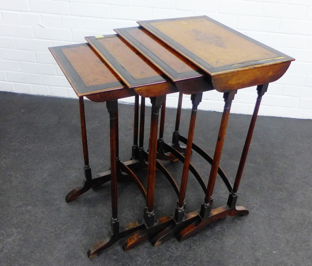 Victorian nest of four amboyna, ebony and brass inlaid quartetto tables, 709 x 50cm (4)