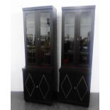 Pair of ebonised bookcase cabinets with glazed doors, 222 x 72cm, (2)