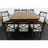 Mahogany dining table, with draw leaf extensions, together with seven chairs and two carvers, 76 x