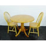 Pine breakfast table with two pine chairs, 76 x 90cm (3)