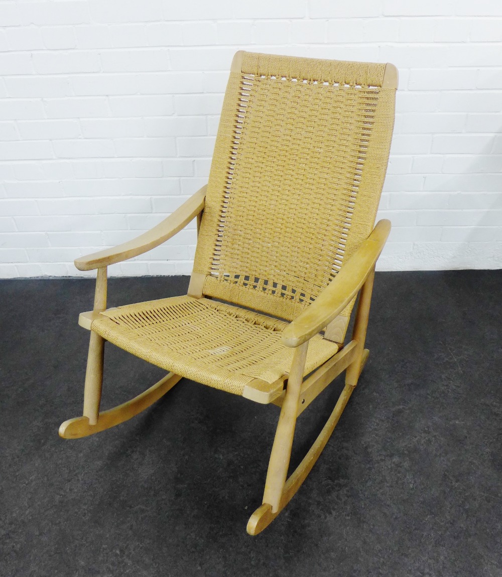 WITHDRAWN Hans Wegner style rocking chair with woven seat and back, the base stamped Yugoslavia