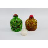 Two reverse painted glass snuff bottles, together with an early 20th century ivory lotus leaf box