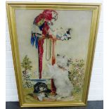 Gilt framed tapestry of a Parrot and two Dogs, 90 x 64cm