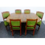 Oak dining table with set of six oak chairs with green upholstered backs and seats, (7) 75 x 148cm