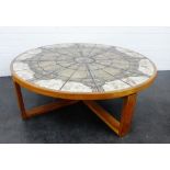 Danish circular tile topped coffee table, stamped Trioh of Denmark, 44 x 126cm