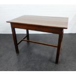 Stained pine table, the rectangular top on square supports, 76 x 108cm