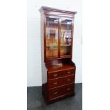 Mahogany bookcase cabinet with glazed doors over two small and two long drawers, 210 x 84cm