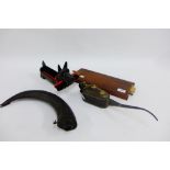 Mixed lot to include a powder horn, vintage spring oil can, ruler and a novelty Scottie Dog brush