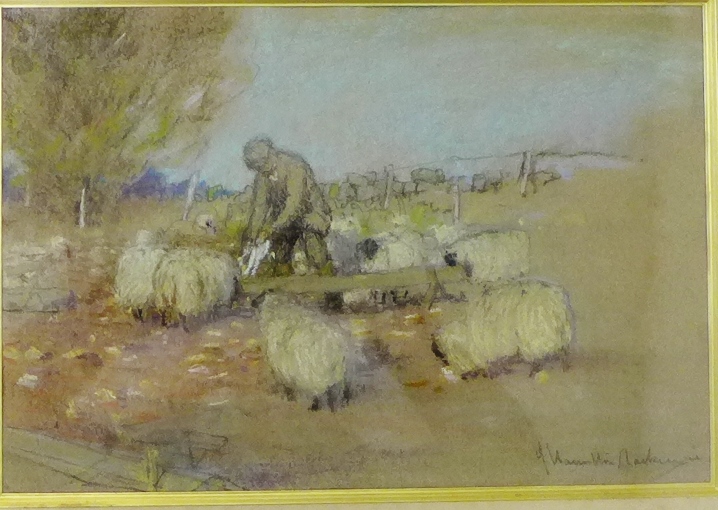 Hamilton MacKenzie 'Shepherd tending his flock' Pastel, signed, in a glazed giltwood frame, 35 x