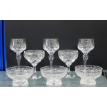 Set of six wine glasses, six sundae glass dishes and five cut glass bowls, (17)