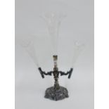 Epns table epergne with three etched glass flutes, 39cm high
