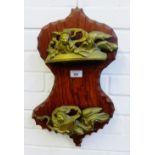 Hardwood wall plaque with two brass deity figures, size overall 51cm long